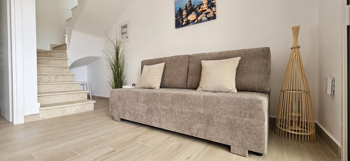 Arillas Peaceful Bungalows Corfu brown soft sofa